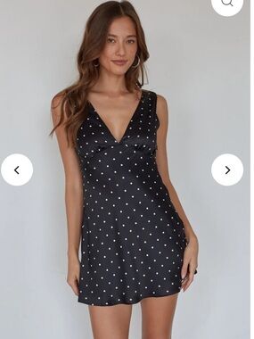 Cotton Candy Black Satin Polka Dot V-Neck Mini Dress
